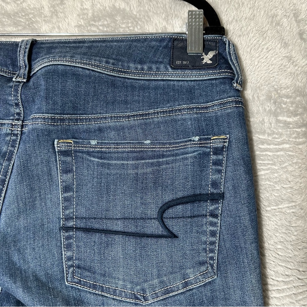 American Eagle Kick Boot Jeans Womens 14 X Long Dark Blue Denim Stretch Distress - Picture 11 of 14